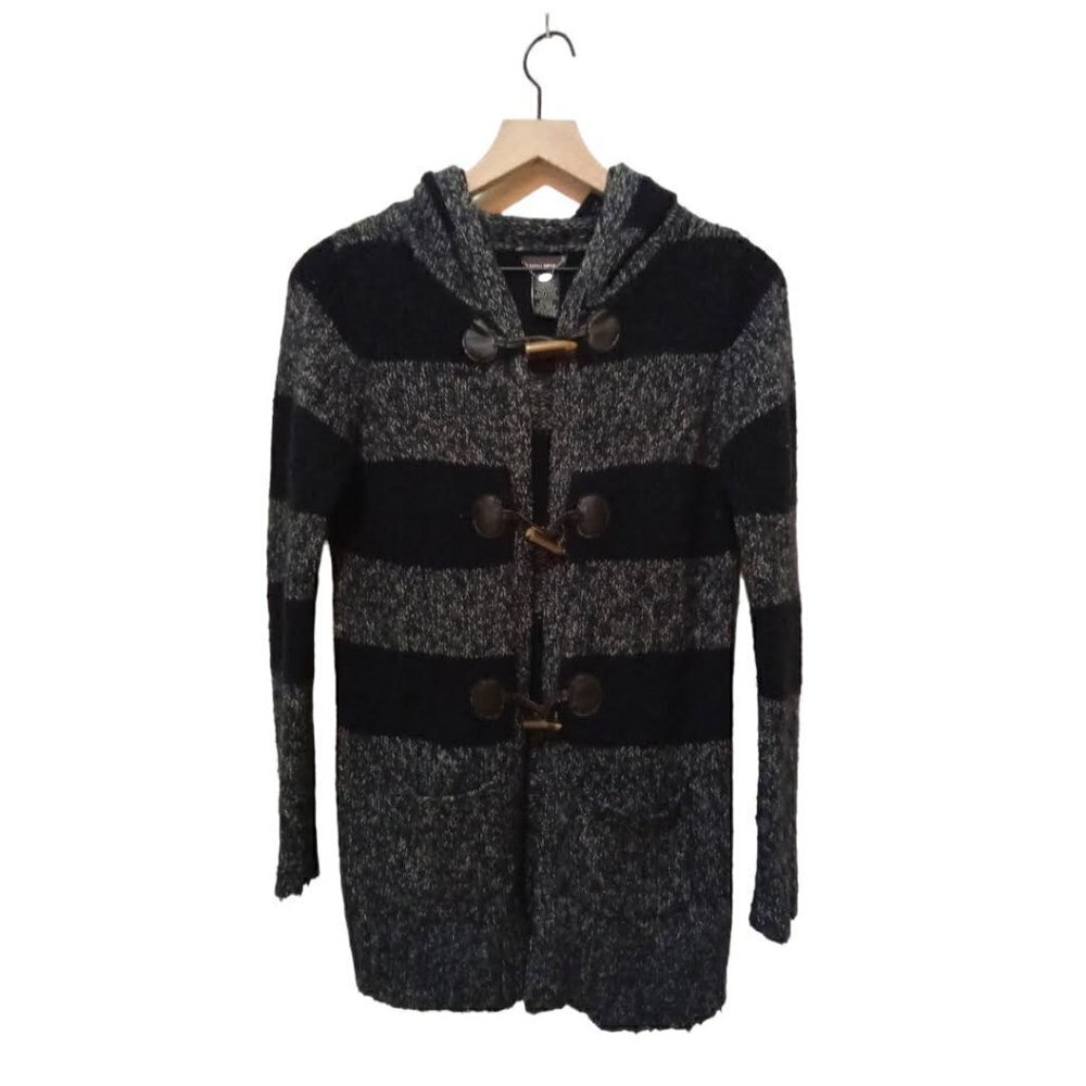 Devoted Long Black & Gray Marle Striped Toggle Closure Hooded Cardigan Sz XS